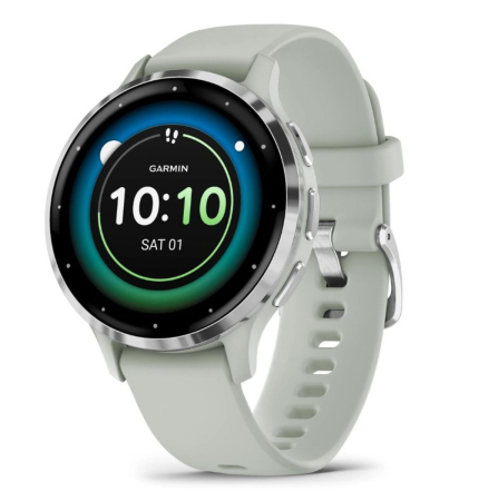 Garmin Venu 3S Sports Watch - Silver Stainless Steel Bezel with Sage Grey Case and Silicone Band 