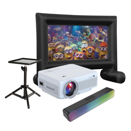 Laser - 1080P Projector Bundle with 144" Inflatable Screen, Soundbar and Projector Stand